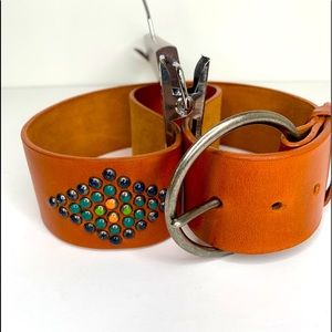Leather Belt Southwestern Womens Size Medium Ring Buckle Aztec Bead Details Boho